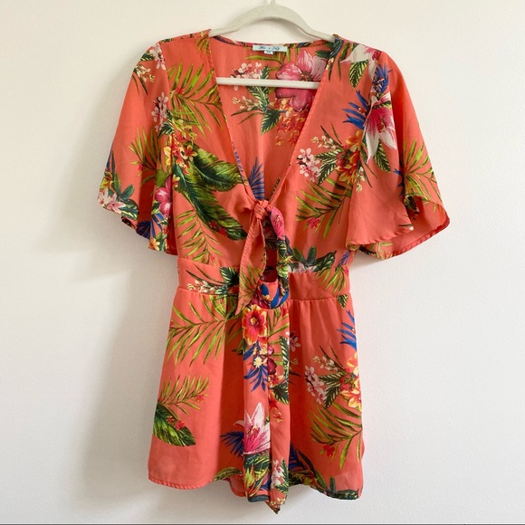 She + Sky Coral Tropical Front Tie Romper - Medium - Picture 2 of 11